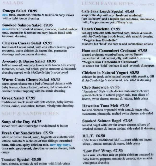 Cafe Java menu
