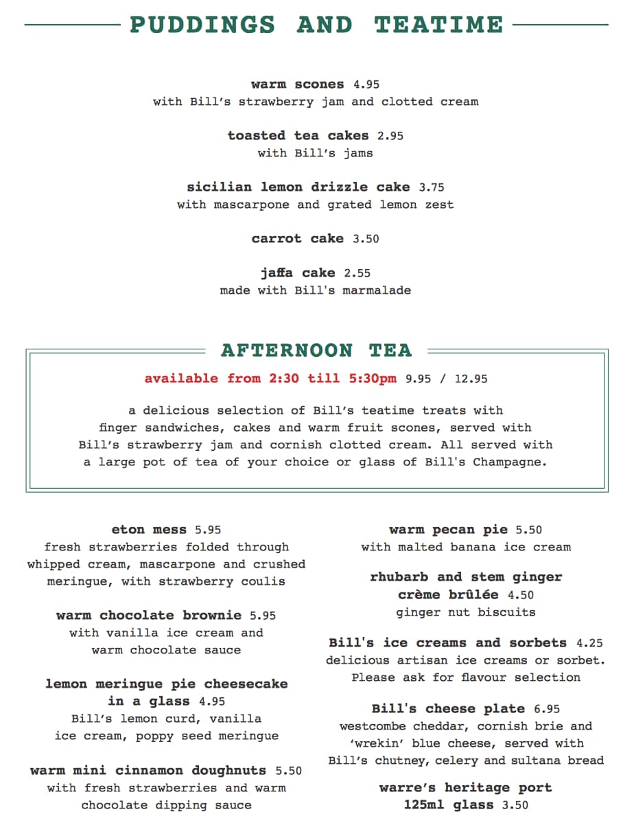 Menu at Bill's Bath Restaurant, Bath