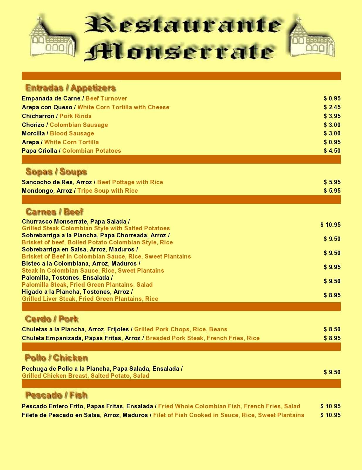 Restaurante Monserrate Menu, Menu for Restaurante Monserrate, Doral