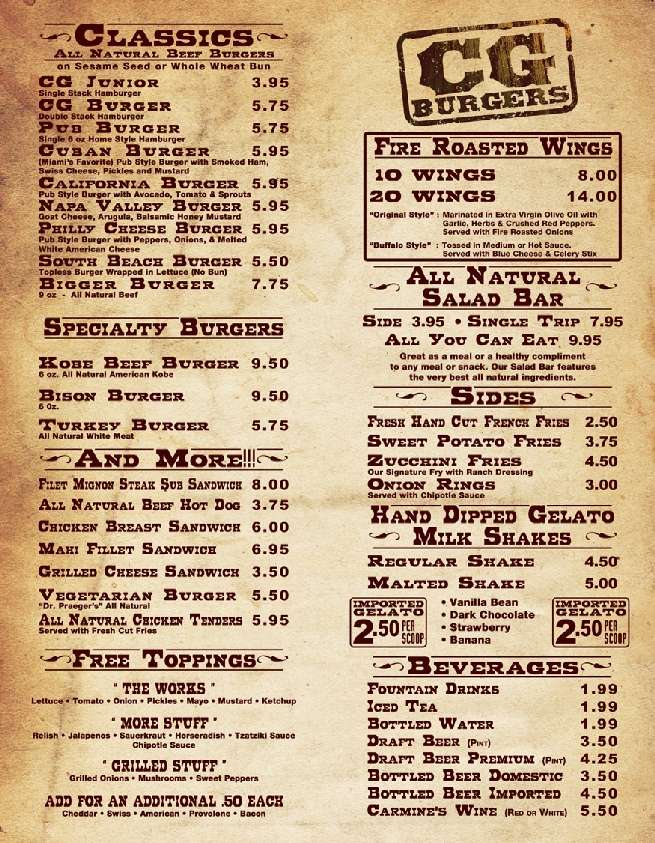 CG Burgers Menu, Menu for CG Burgers, Kendall/Pinecrest, Miami