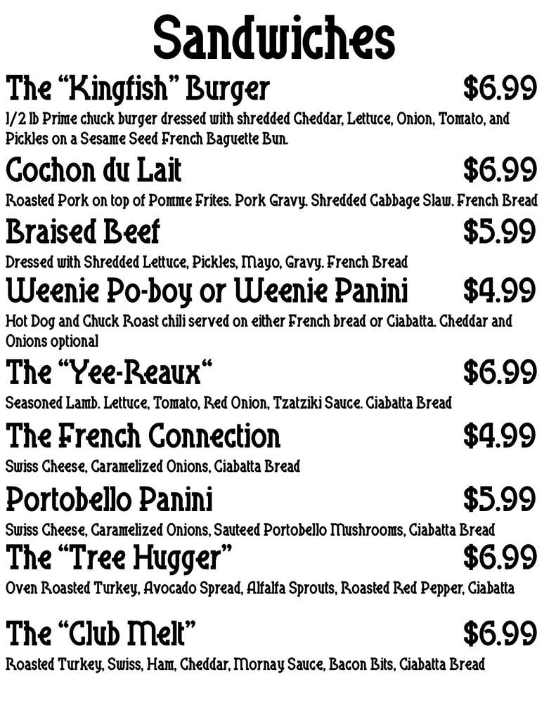 Kingfish Grille Menu, Menu for Kingfish Grille, Gretna, New Orleans