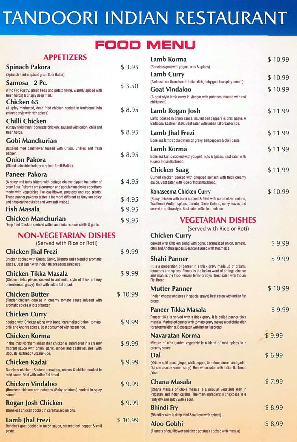 Indian Menu For Restaurant