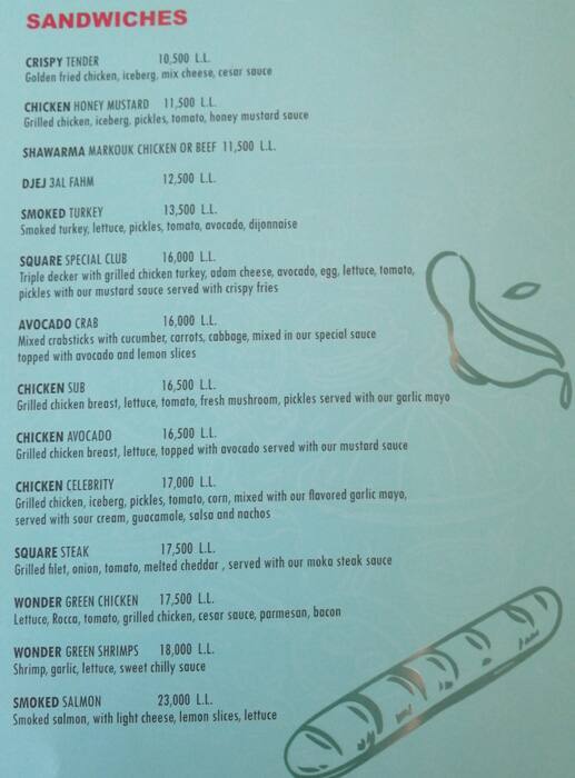 Square Cafe menu