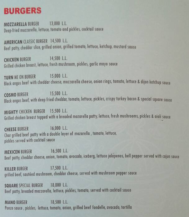 Square Cafe menu