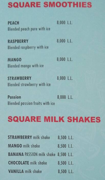 Square Cafe menu