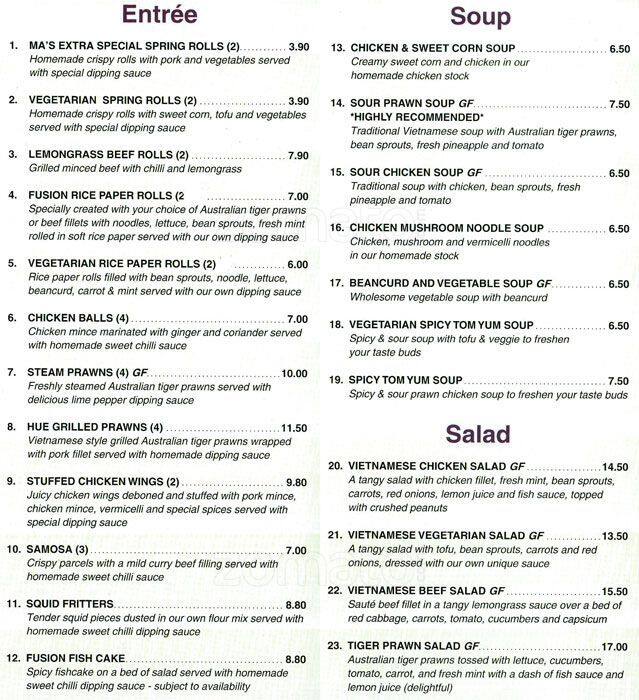 Vietnamese Fusion Restaurant Menu Urbanspoon/Zomato