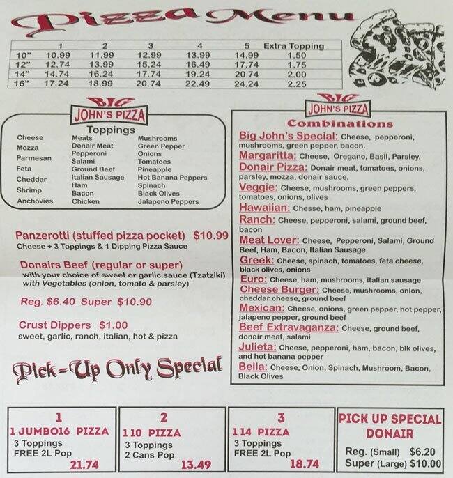 Big John's Pizza & Donairs Menu - Urbanspoon/Zomato