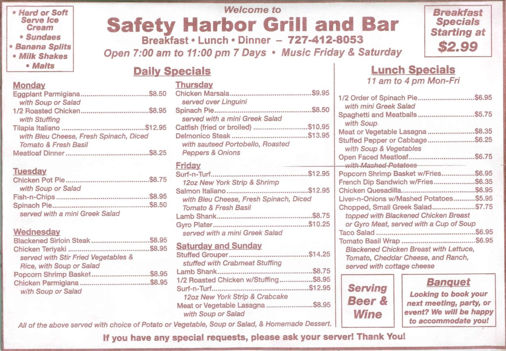 Safety Harbor Grill and Bar Menu Urbanspoon/Zomato