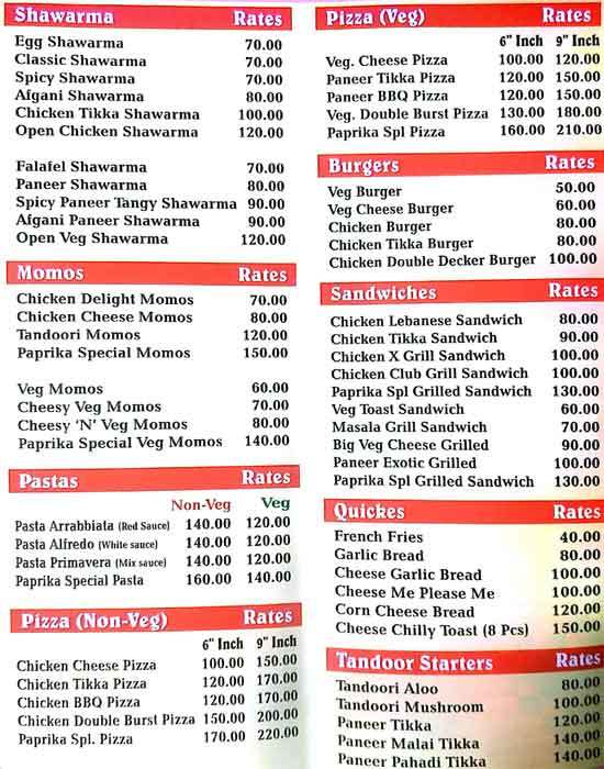 Paprika Menu, Menu for Paprika, Vasai, Mumbai Zomato