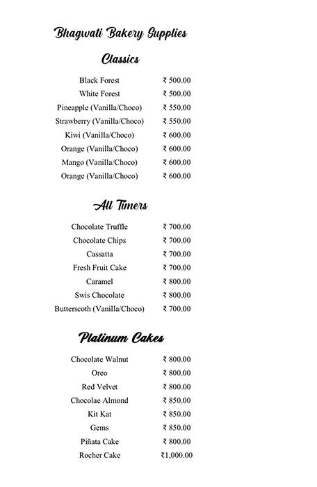 Menu of Bhagwati Bakery Supplies, Airport Gandhinagar Highway, Gandhinagar