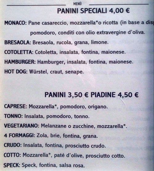 Menu di Monaco - Bar Ristorante Milano 