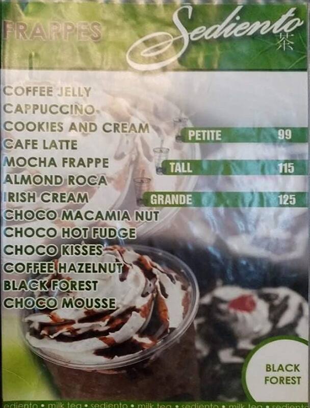 Sediento Milk Tea Shop menu