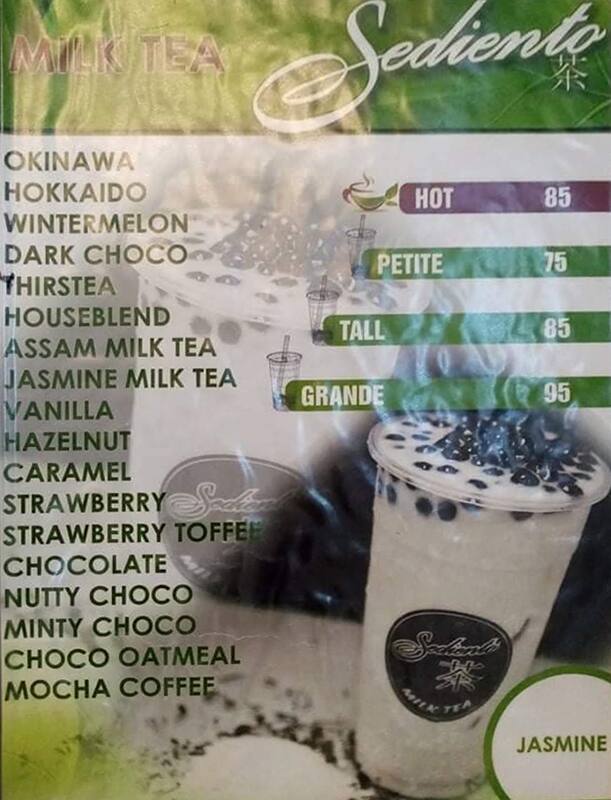 Sediento Milk Tea Shop menu