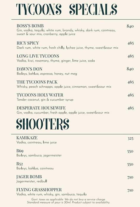 Menu of Tycoons - Fine Dine & Retro Bar, Indiranagar, Bangalore, December  2023