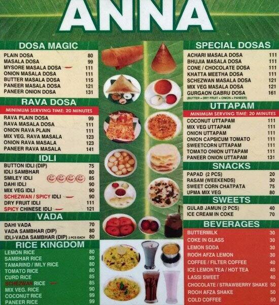 Anna Menu, Menu for Anna, Palam Vihar, Gurgaon Zomato