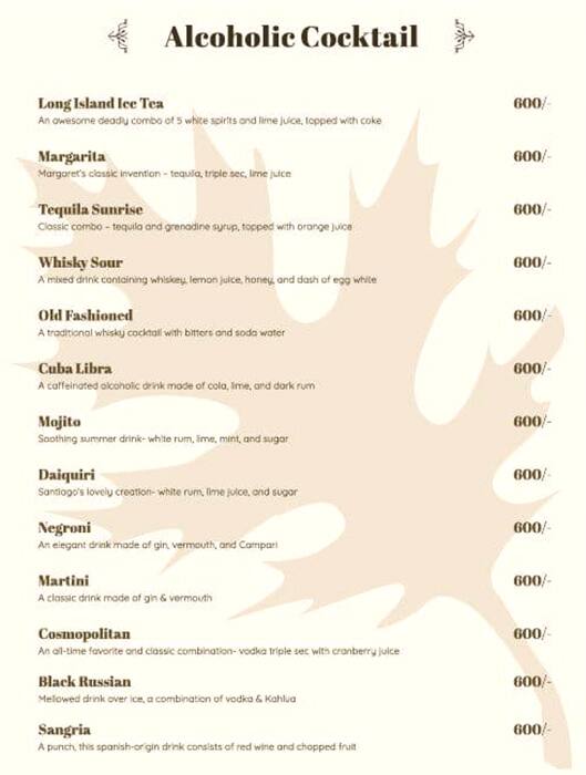 Menu of Oakleaf, Forum Value Mall, Whitefield, Bangalore