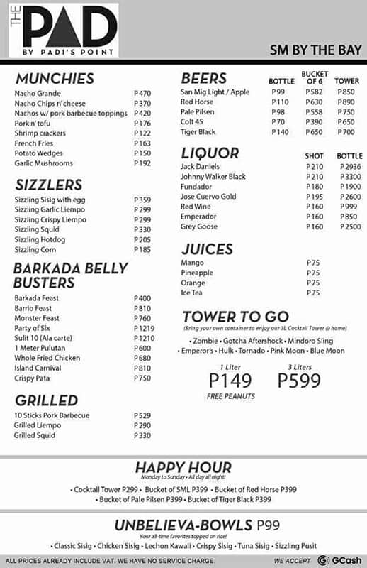 Menu at Padi's Point pub & bar, Pasay, SM by the Bay