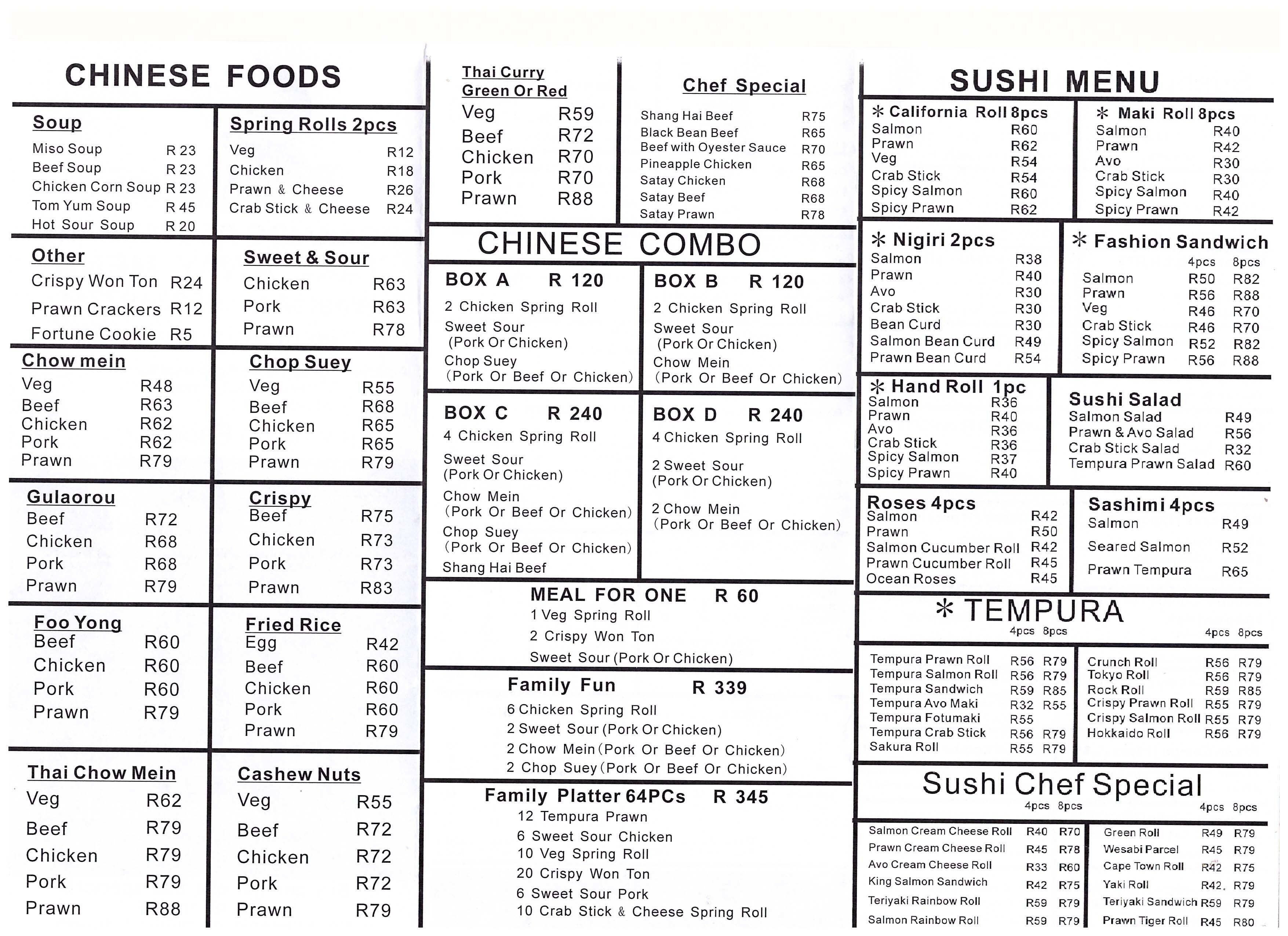 Menu at Hokkaido Restaurant & Take away, Cape Town