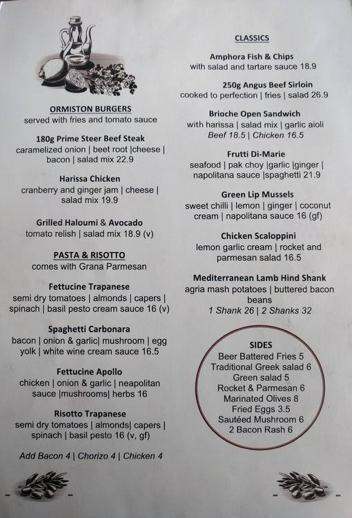 Menu at Amphora Restaurant, Auckland, Cnr Te Irirangi Dr & Ormiston Rd