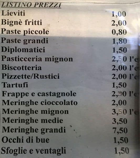 Menu di Bar Quadrani dal 1977 