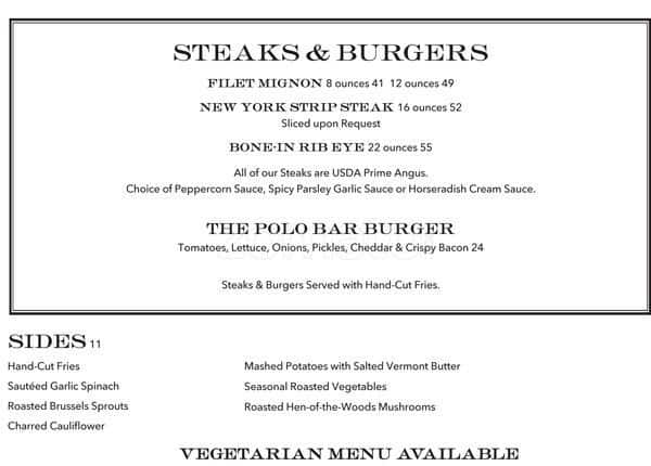The restaurant information including the The Polo Bar menu items and prices  may have been modified since the last website update.