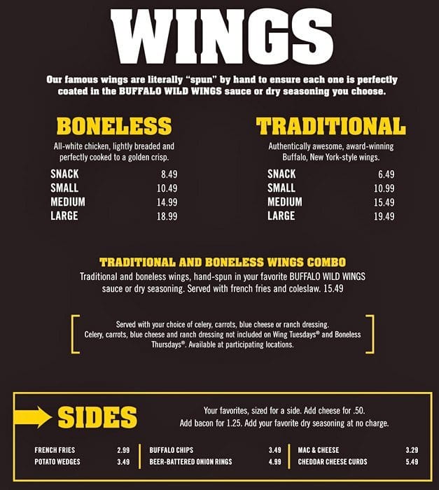 Buffalo Wild Wings Menu Printable