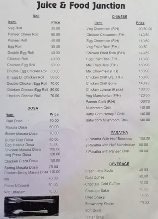 Menu of Juice & Food Junction, Sri Krishnapuri, Patna