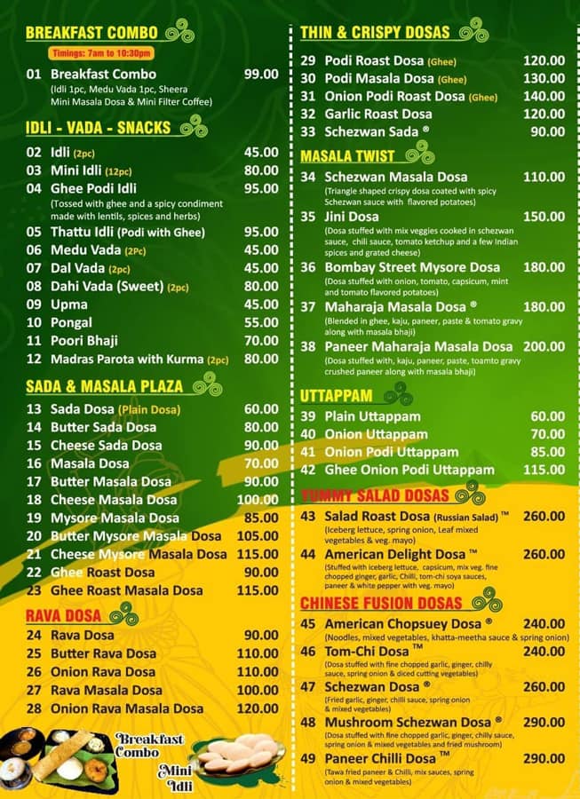 Menu of Dosa Plaza Tardeo Mumbai