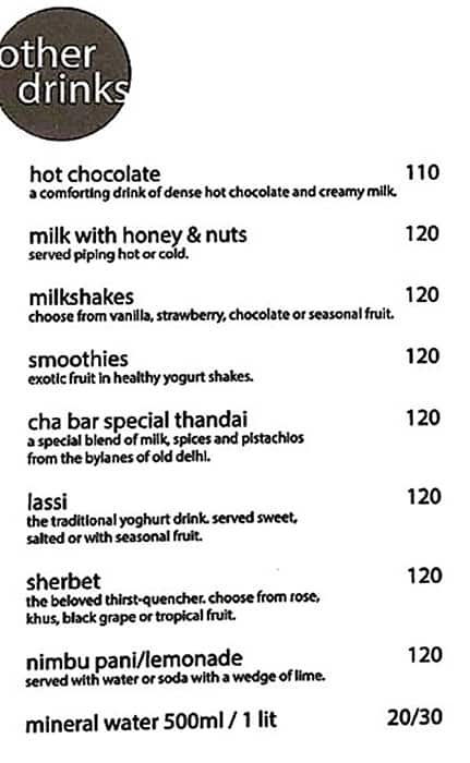 Menu of Cha Bar Connaught Place New Delhi