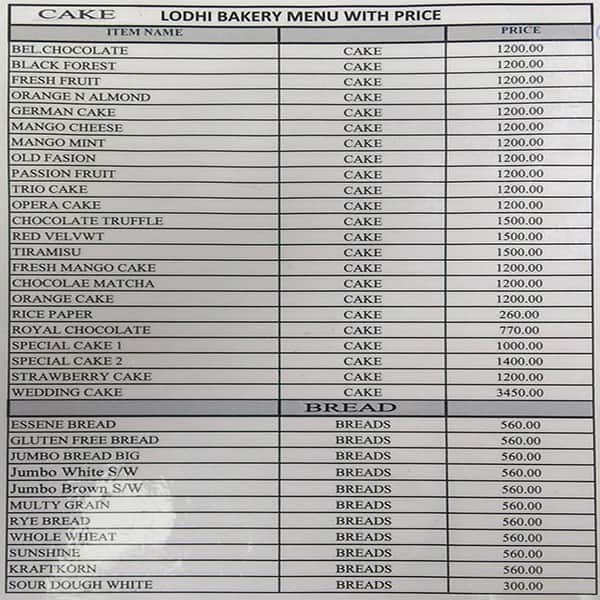 The Lodhi menu
