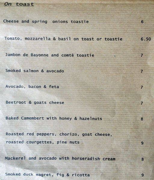 Menu at L'atelier Dalston cafe, London