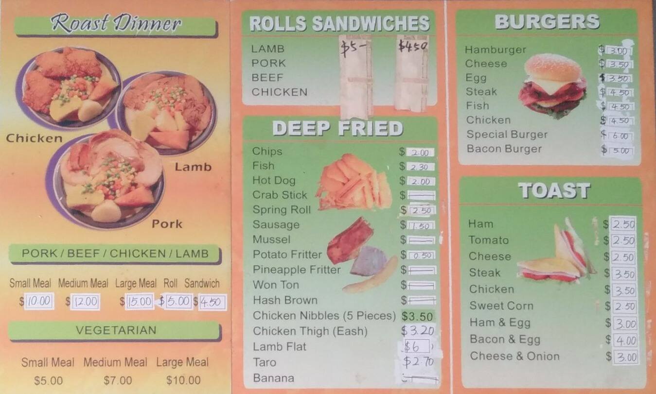 Menu at Shen's Takeaways restaurant, Auckland, 2 Thomas Rd