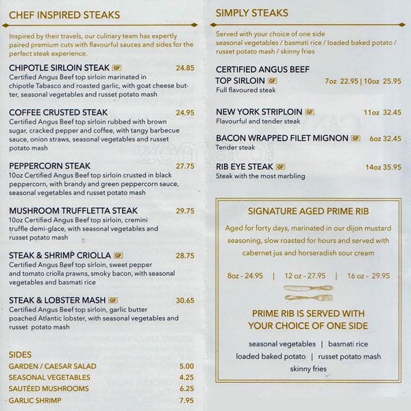 Menu at Canyon Creek Airport steakhouse, Toronto, 25 Carlson Ct