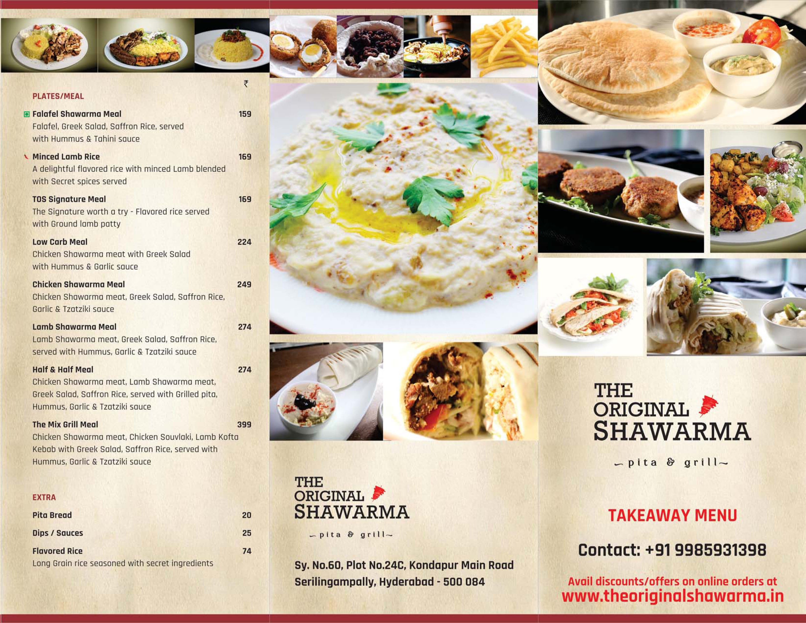 The Original Shawarma menu, Menu restauracji The Original Shawarma