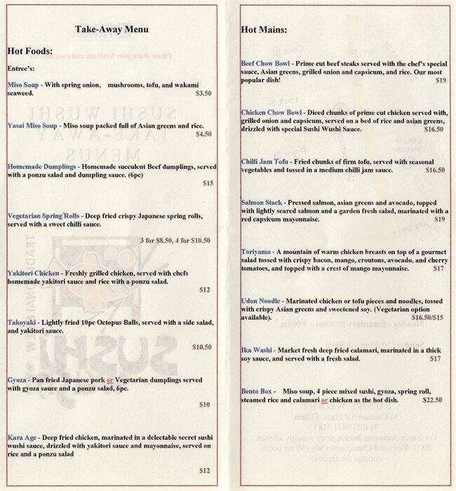 Sushi Wushi Menu, Menu v reštaurácii Sushi Wushi, Eltham, Melbourne