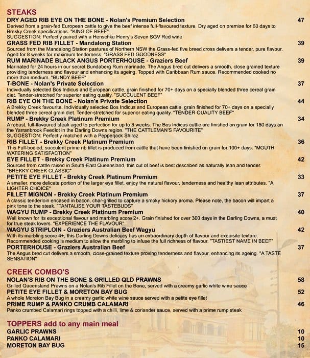 Breakfast Creek Hotel Menu, Menu for Breakfast Creek Hotel, Albion