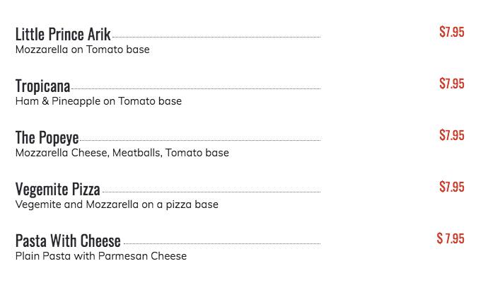 Menu at The Godfathers Pizza restaurant, Ashgrove