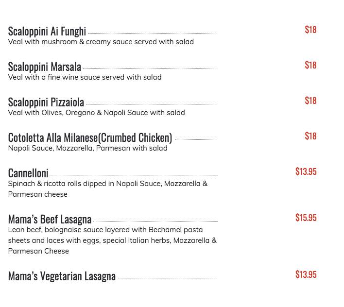 Menu at The Godfathers Pizza restaurant, Ashgrove