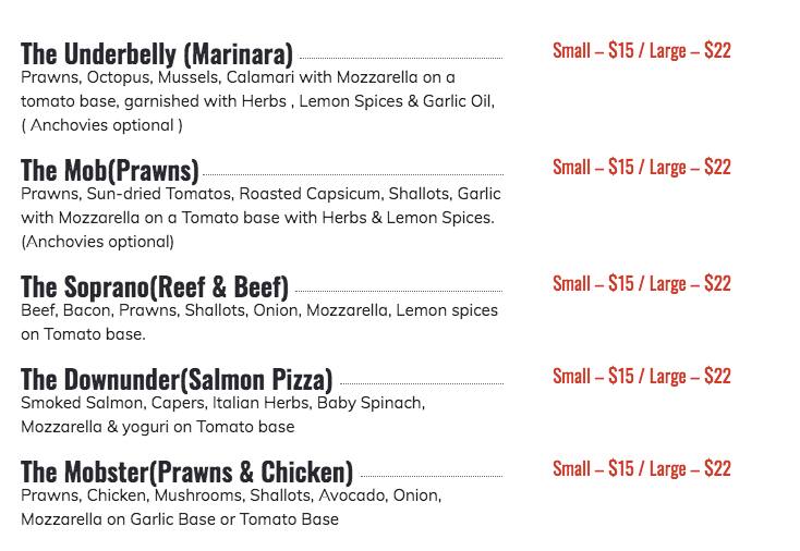 Menu at The Godfathers Pizza restaurant, Ashgrove