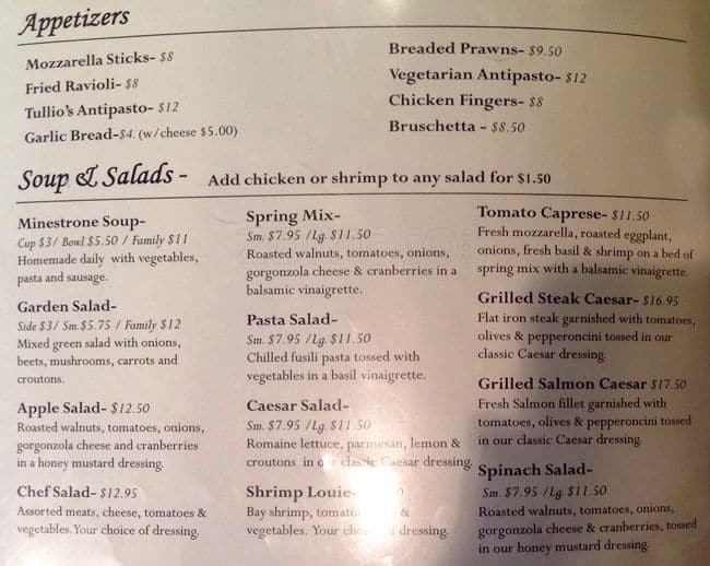 Tullio's Menu, Menu for Tullio's, Walnut Creek, Walnut Creek