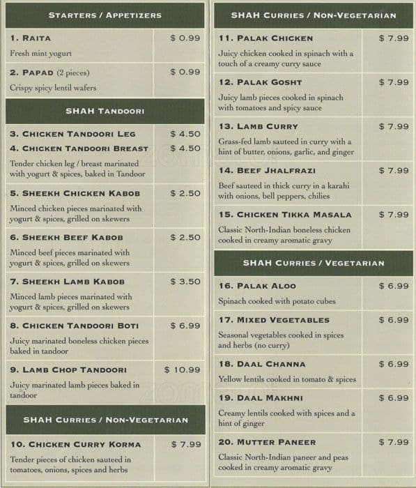 Shah Restaurant Menu For Sunnyvale Shah Restaurant Sunnyvale Menu