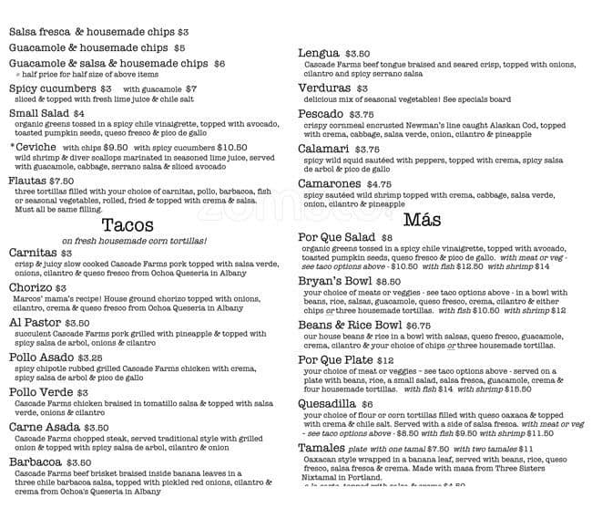 Menu at ¿Por Qué No? restaurant, Portland, SE Hawthorne Blvd