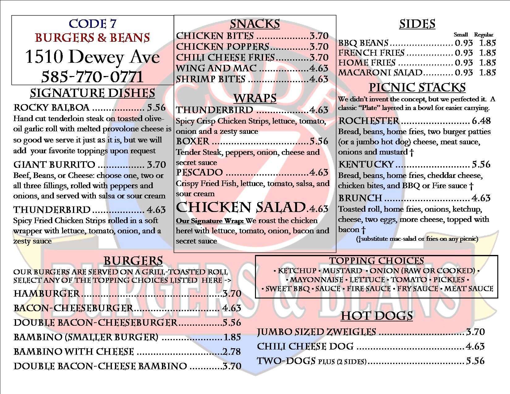 Code 7 Burgers and Beans Menu, Menu for Code 7 Burgers and Beans, Maplewood, Rochester