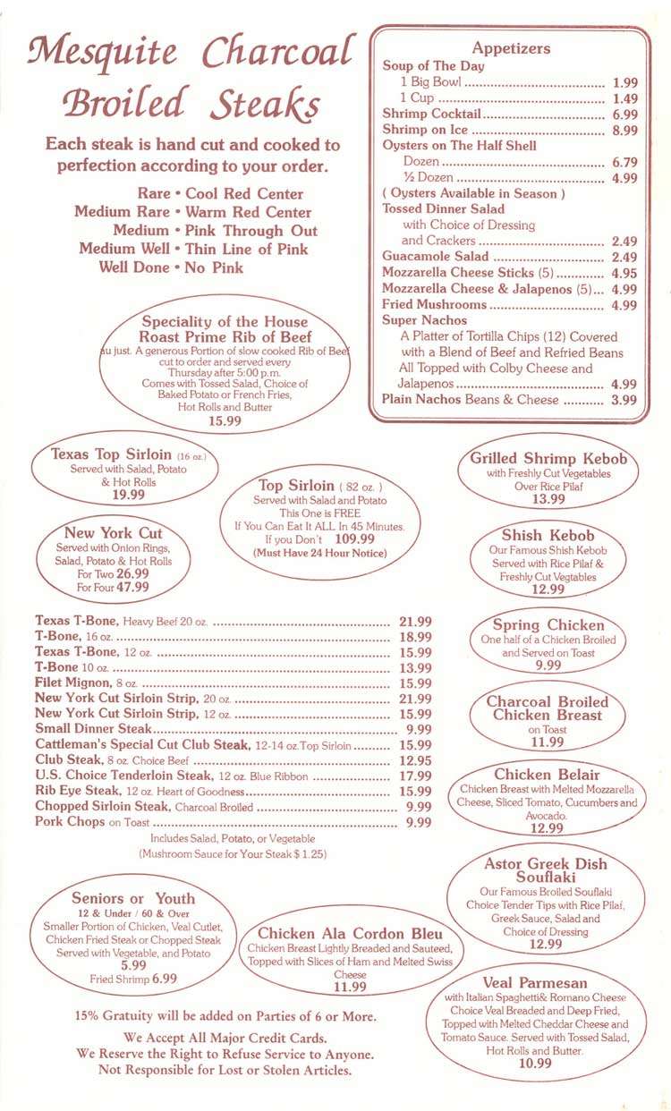 Menu at Astor Restaurant, Corpus Christi