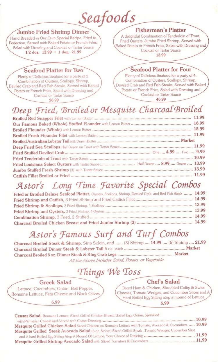 Menu at Astor Restaurant, Corpus Christi