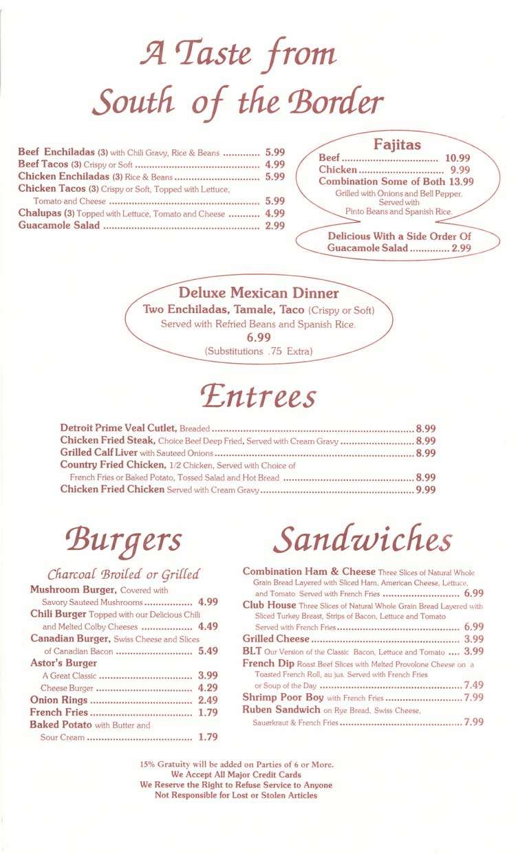 Menu at Astor Restaurant, Corpus Christi