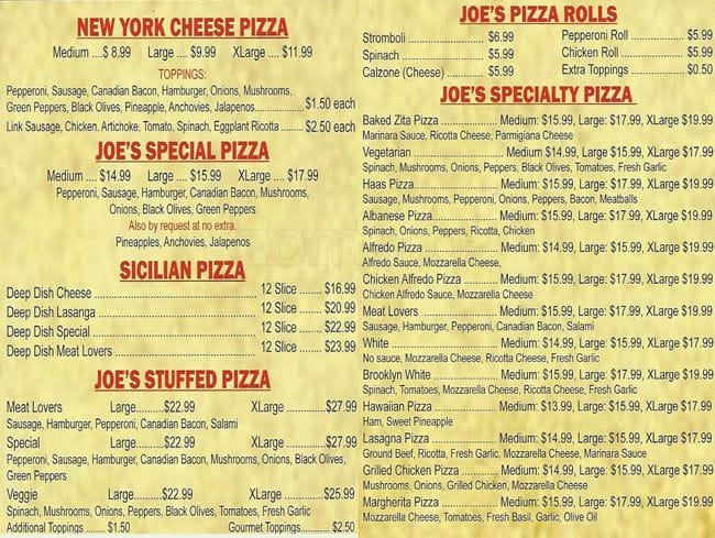 Menu at Famous Joe's pizzeria, Carrollton