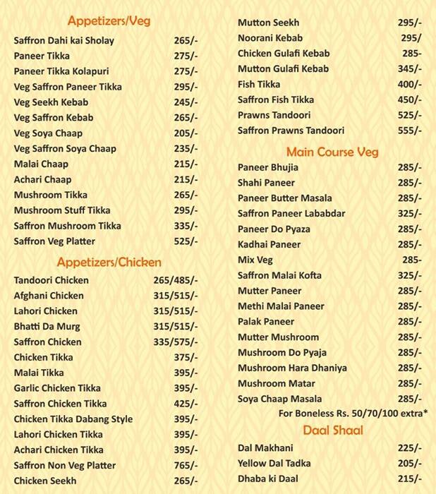 Menu of Saffron Flavors, Sector 51, Noida