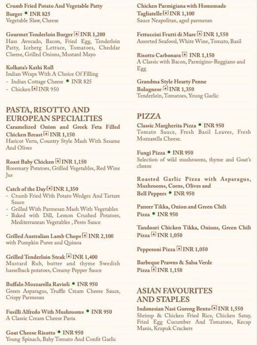 Menu at the club lounge ritz-carlton, Bengaluru