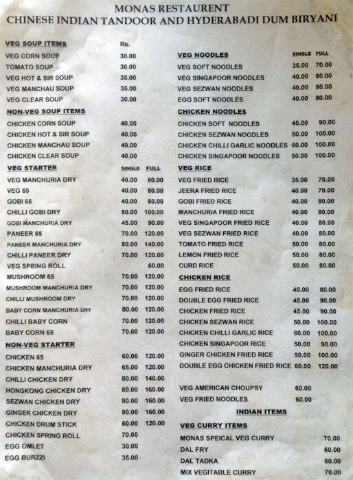 Mona's Restaurant Menu, Menu for Mona's Restaurant, Panjagutta